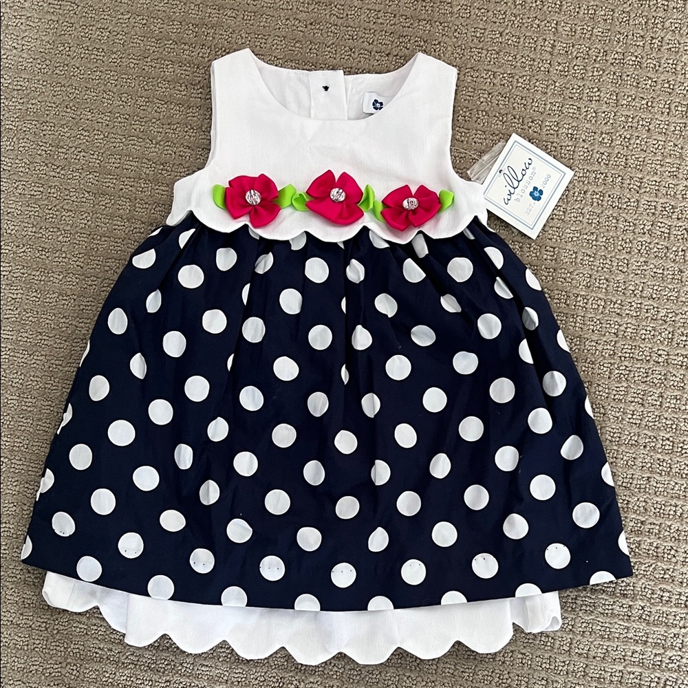 Charming Navy and White Polka Dot Kids Dress with Pink Floral Accents